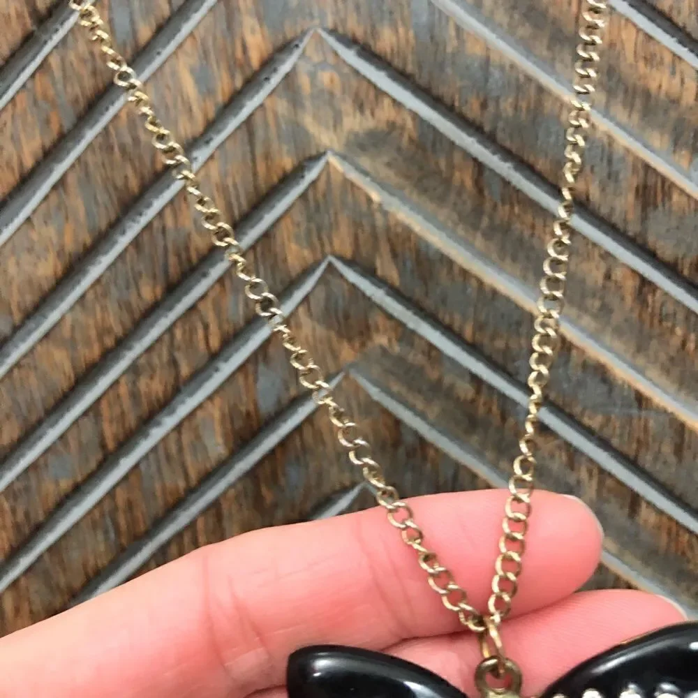 Black Rhinestone Bow Long Chain Necklace